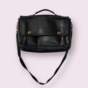 LAURA USA Black Leather Messenger Bag Solid Brass Hardwear Vintage Work Satchel